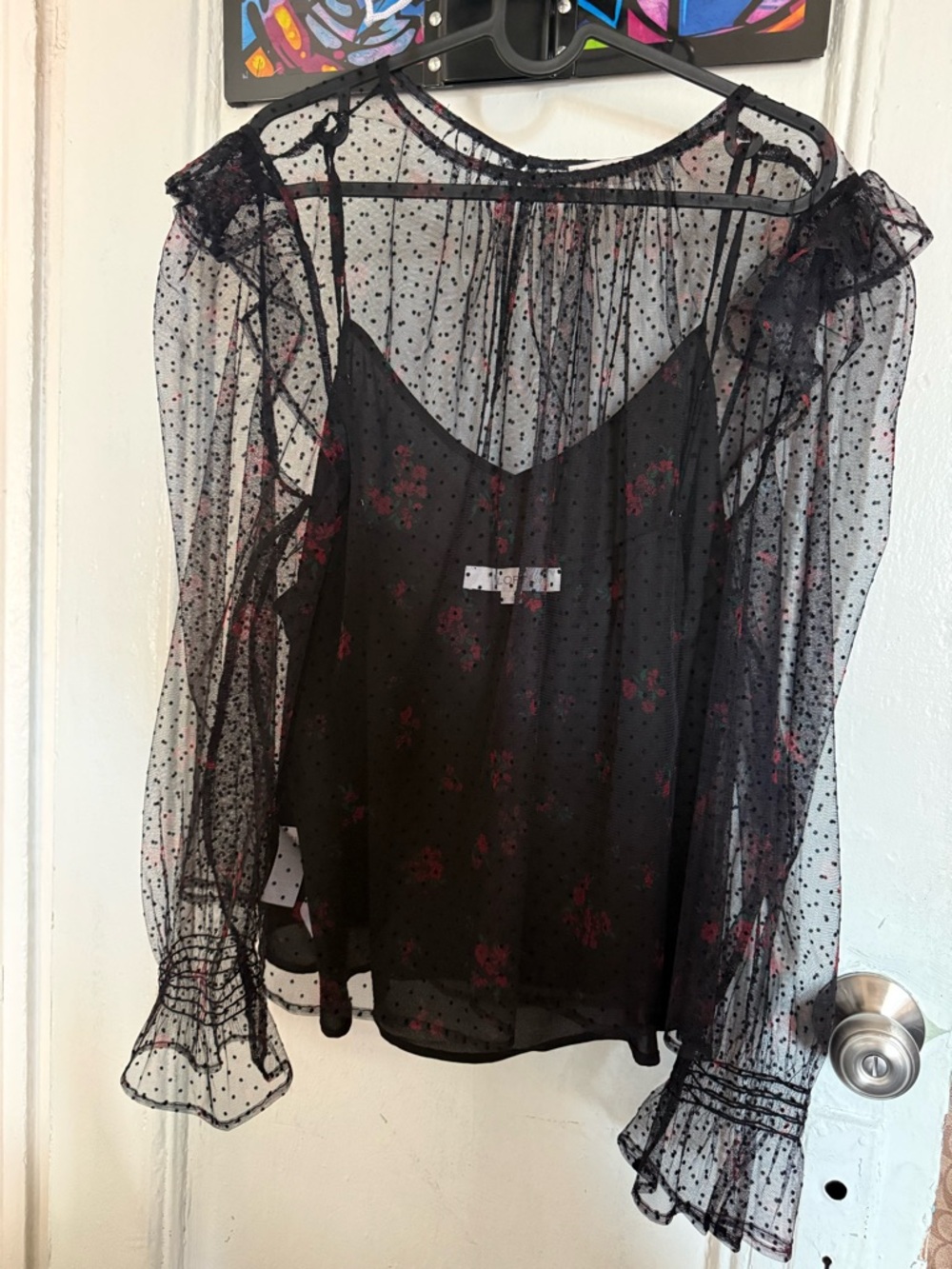 LOFT Sheer Black Floral Ruffle Sleeve Women's Top size L